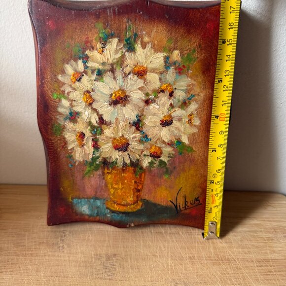 Vintage Mary Vickers Oil Painting on Wood Plaque White Daisy Floral Still Life - Picture 7 of 8